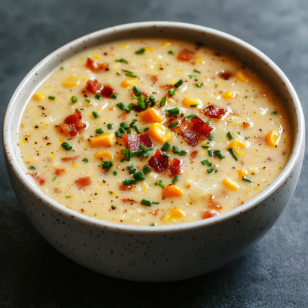 Hearty corn and bacon chowder in a bowlの素材
