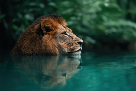 Majestic lion submerged in waterの素材