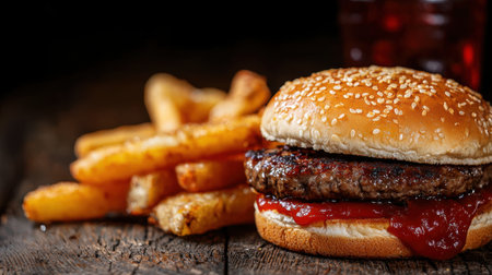 Delicious Burger and Fries on Wooden Tableの素材