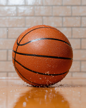 Wet basketball on a brick wallの素材