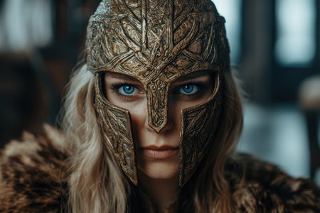 Mysterious warrior with piercing blue eyesの素材