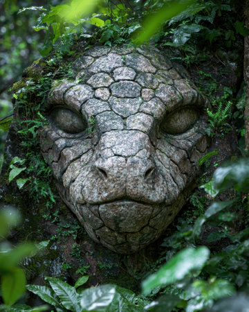 Detailed stone sculpture of a mythical creature in a lush forestの素材