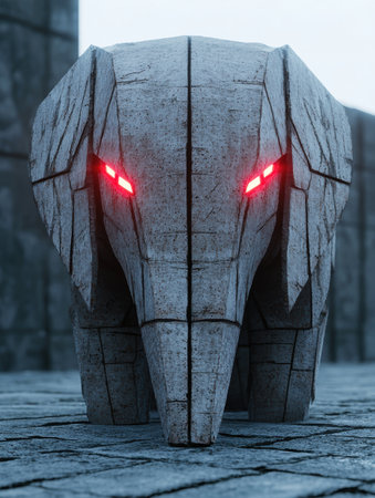 Futuristic stone sculpture with glowing red eyesの素材