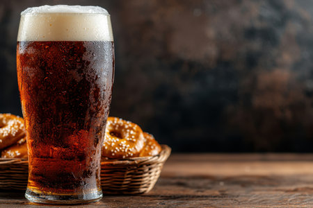 Refreshing glass of dark beer with pretzelsの素材