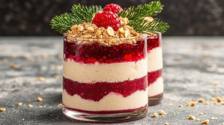 Festive layered dessert with raspberries and pine sprigsの素材