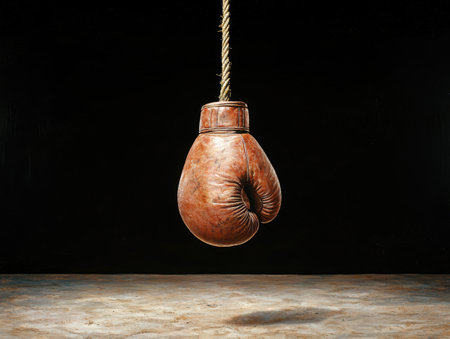 Vintage boxing glove hanging on a ropeの素材