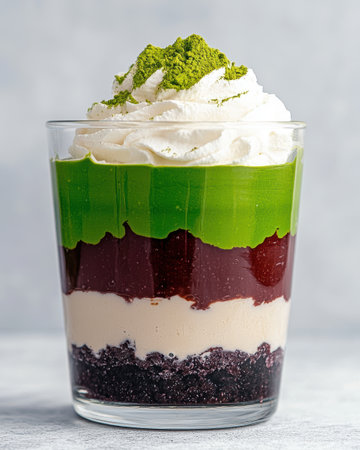 layered dessert with green and purple elementsの素材