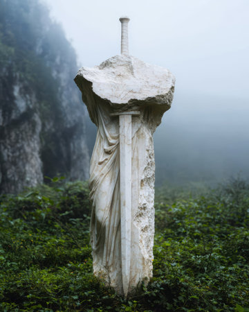 Weathered stone statue in misty forest landscapeの素材