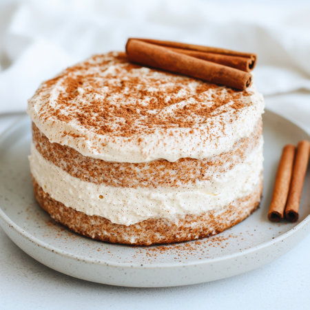 Delicious homemade cinnamon cake with creamy frostingの素材