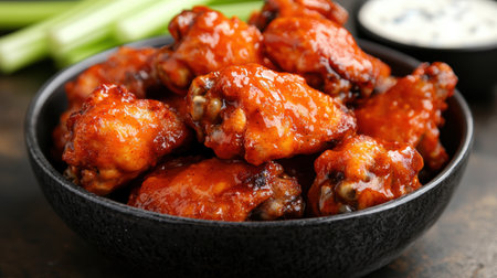 Delicious spicy chicken wings in a bowlの素材