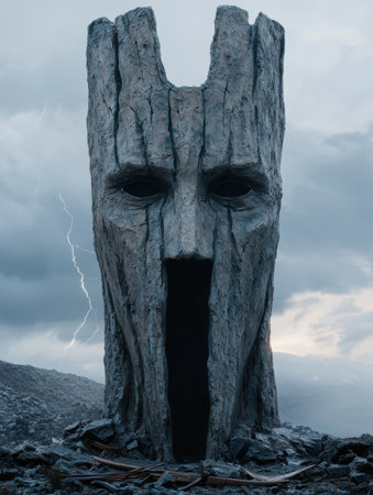 Mysterious stone face in a stormy landscapeの素材