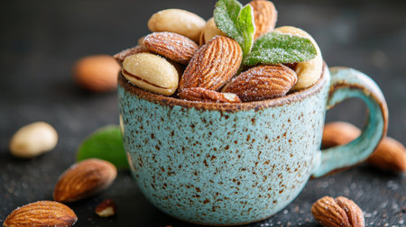 assorted roasted nuts in a speckled ceramic mugの素材