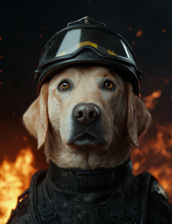 Heroic dog firefighter in actionの素材