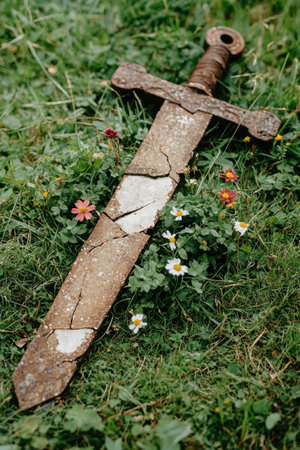 Rusty sword in overgrown meadow with wildflowersの素材