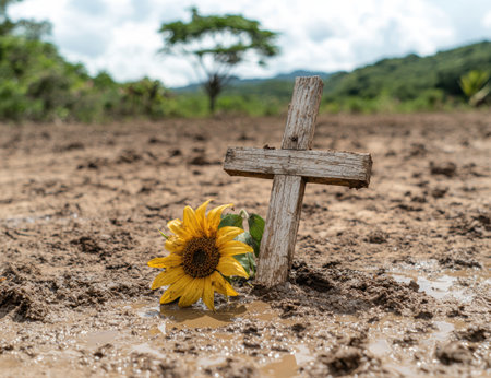 Sunflower and wooden cross in muddy fieldの素材