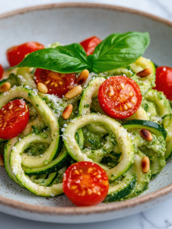 Fresh and healthy zucchini noodle salad with tomatoes and pestoの素材