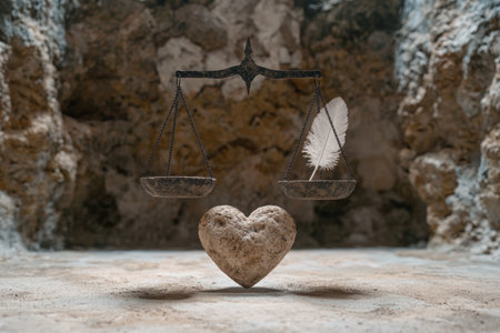 scales of justice with heart and featherの素材