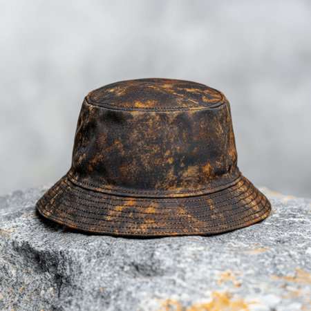 Vintage camouflage bucket hat on a rocky surfaceの素材