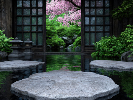 serene japanese garden with cherry blossoms and pondの素材