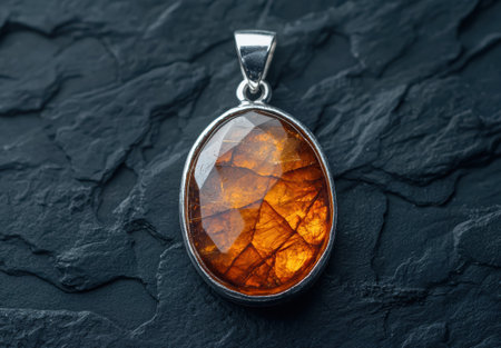 Stunning amber gemstone pendant on black slate backgroundの素材