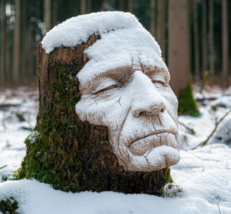 Snowy carved wooden face in forestの素材