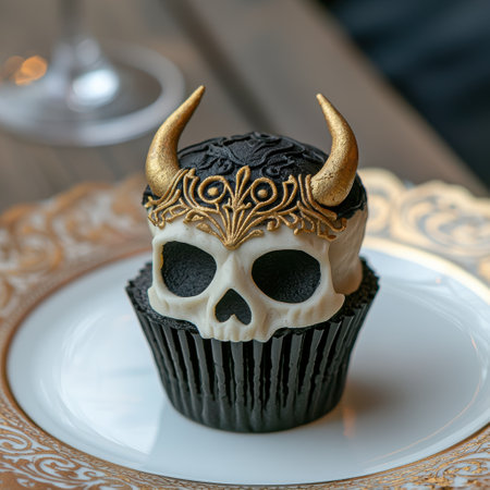 Ornate skull cupcake with golden hornsの素材