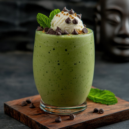 Refreshing green smoothie with ice cream and chocolate chipsの素材