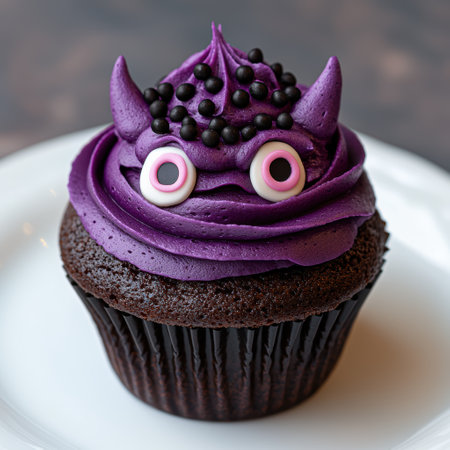 Whimsical monster cupcake with purple frosting and black pearlsの素材