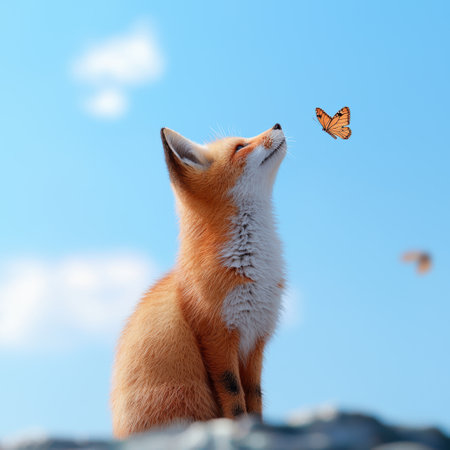 Curious fox gazing at butterfly in the skyの素材