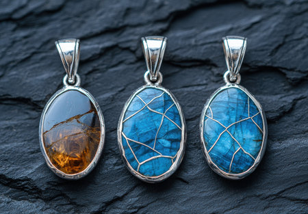 Assortment of oval-shaped gemstone pendants on dark slate backgroundの素材