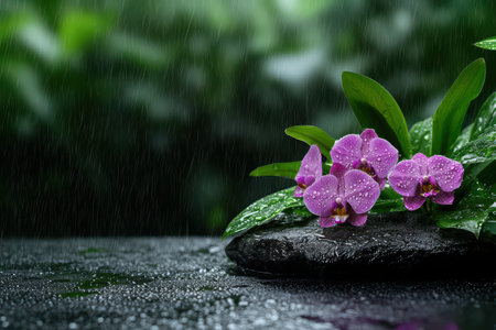 Vibrant orchid flowers in the rainの素材