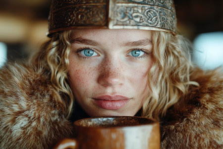 Captivating portrait of a woman in winter attireの素材