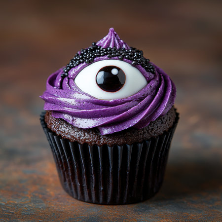 Spooky Halloween cupcake with purple frosting and eye decorationの素材