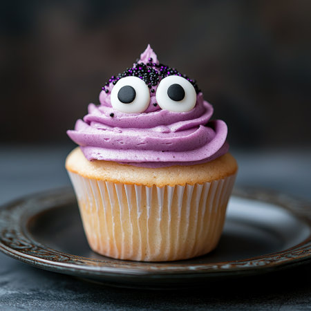Cute monster cupcake with purple frosting and sprinklesの素材