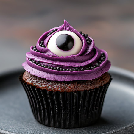 Spooky halloween cupcake with purple frosting and eye designの素材