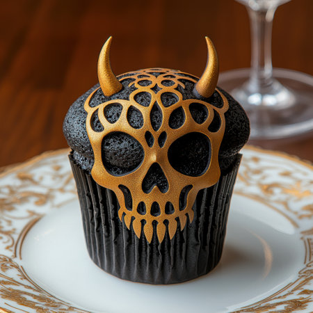 Spooky halloween cupcake with golden hornsの素材