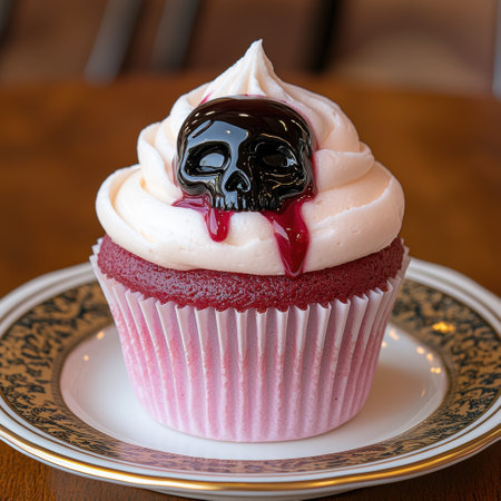 Spooky skull cupcake with red dripping icingの素材