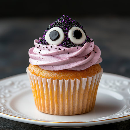 Cute monster cupcake with pink frosting and sprinklesの素材