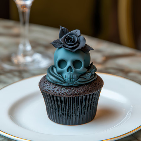 Spooky skull cupcake with black roseの素材