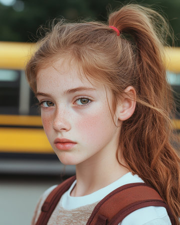 portrait of a thoughtful young girl with red hairの素材