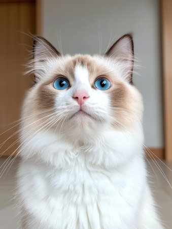 Closeup portrait of a beautiful ragdoll cat with striking blue eyesの素材