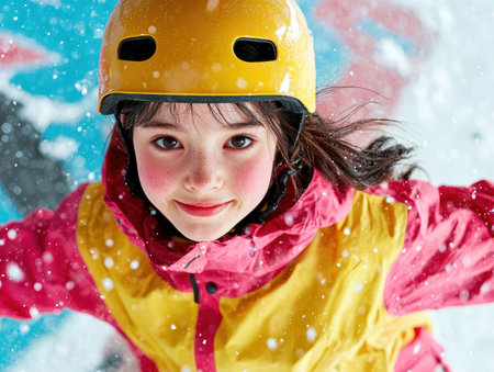 Smiling child in winter gear enjoying the snowの素材