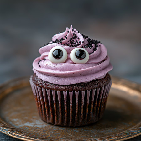 Cute monster cupcake with pink frosting and googly eyesの素材