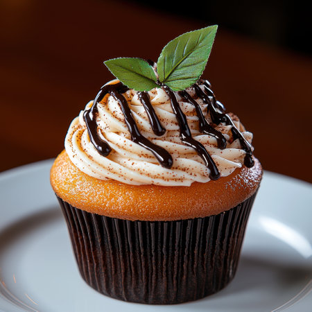 Delicious chocolate cupcake with creamy frosting and mint leavesの素材
