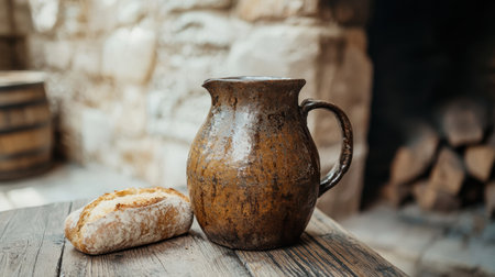 rustic pottery jug and freshly baked bread on wooden tableの素材