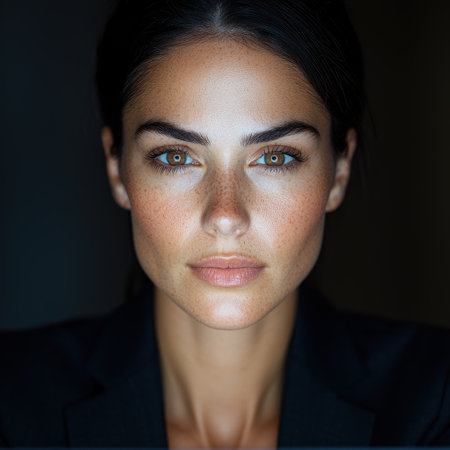 Intense gaze of a beautiful woman with dark hairの素材