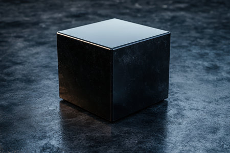 Sleek black cube on dark backgroundの素材