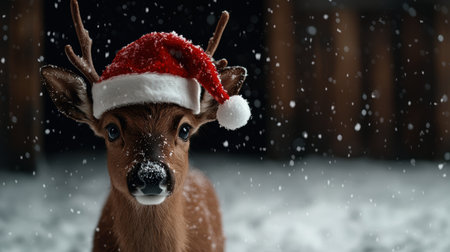 Cute deer wearing santa hat in snowy winter sceneの素材