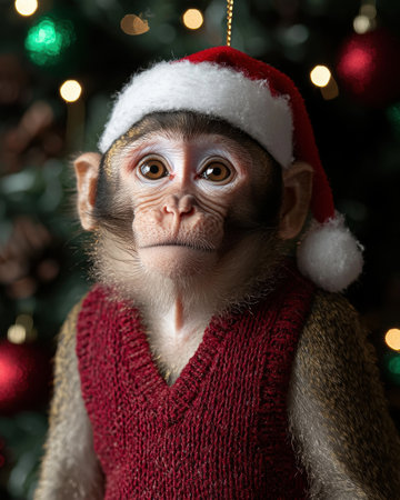 Cute christmas monkey wearing santa hatの素材