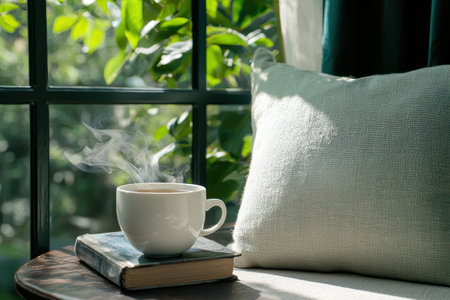 cozy indoor scene with coffee, book, and nature viewの素材